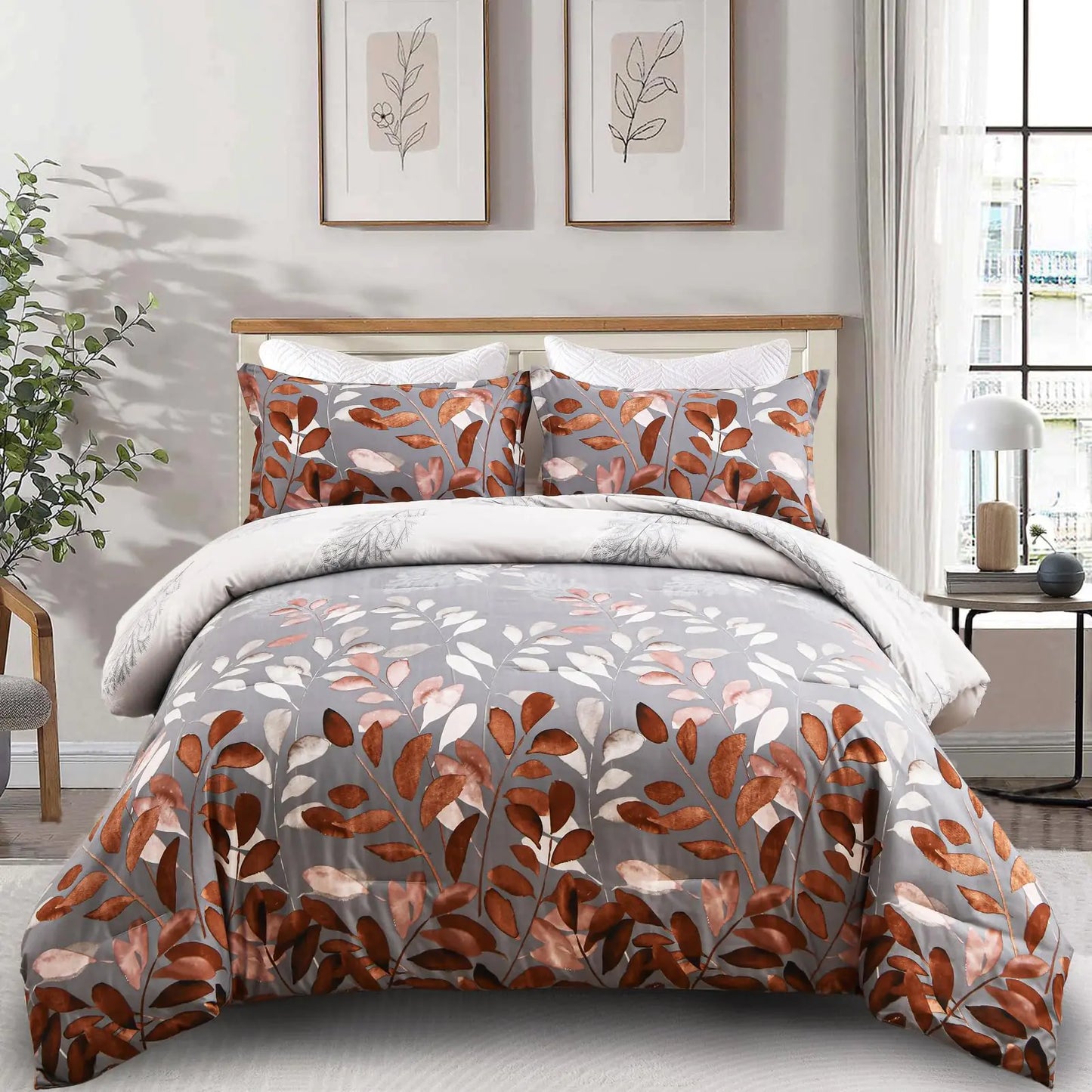 DJY Brown Comforter Set King Botanical Leaves Comforter for King Bed 3 Pieces Reversible Floral Bed Comforter Sets Soft Microfiber Bedding Set for All Season (104"x90")