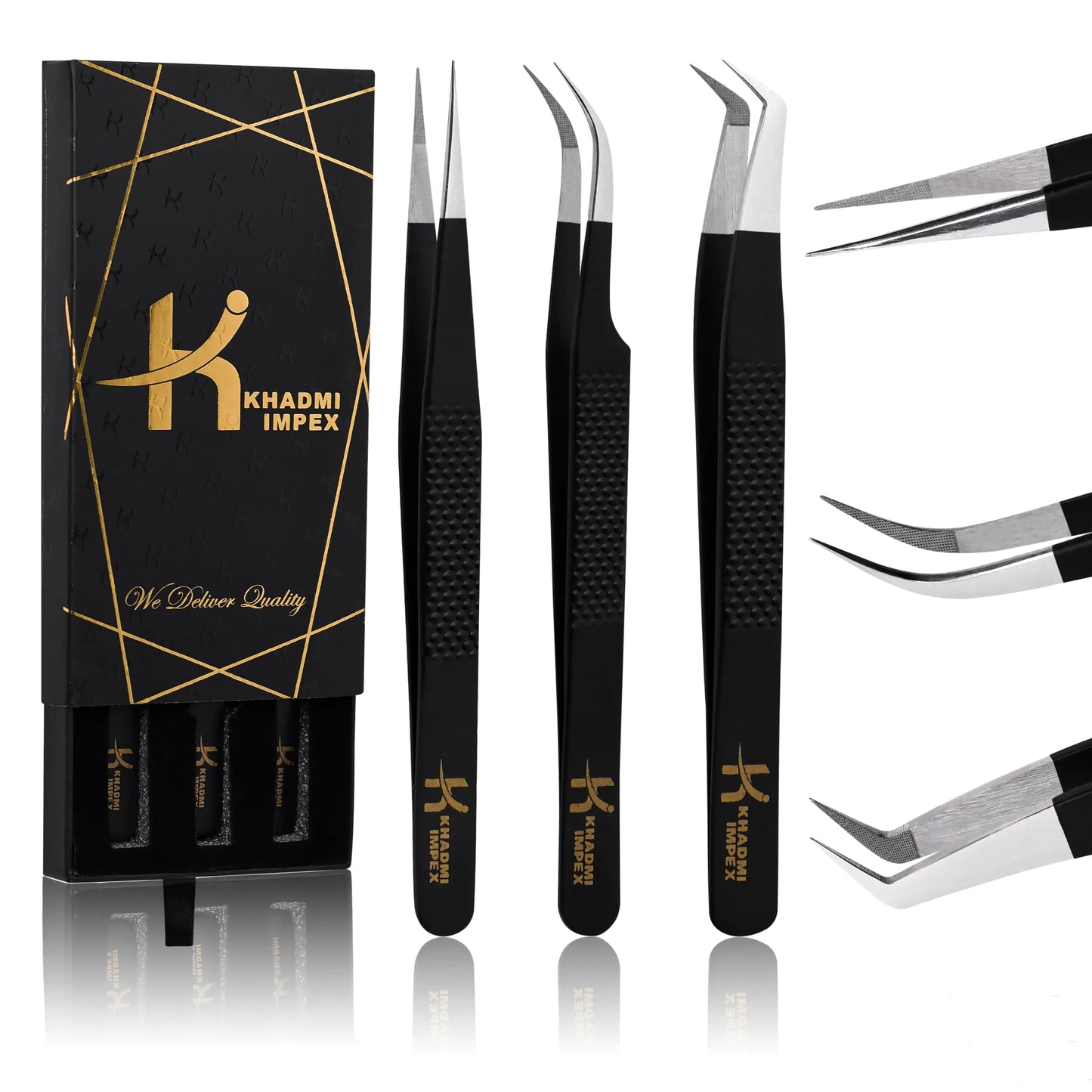 Eyelash Extension Tweezers KHADMI IMPEX Fiber Tip Lash Tweezers - Set of 3 Eyelash Tweezers - Straight and Curved And Volume Eye Lash Tweezers for Extensions (Black)