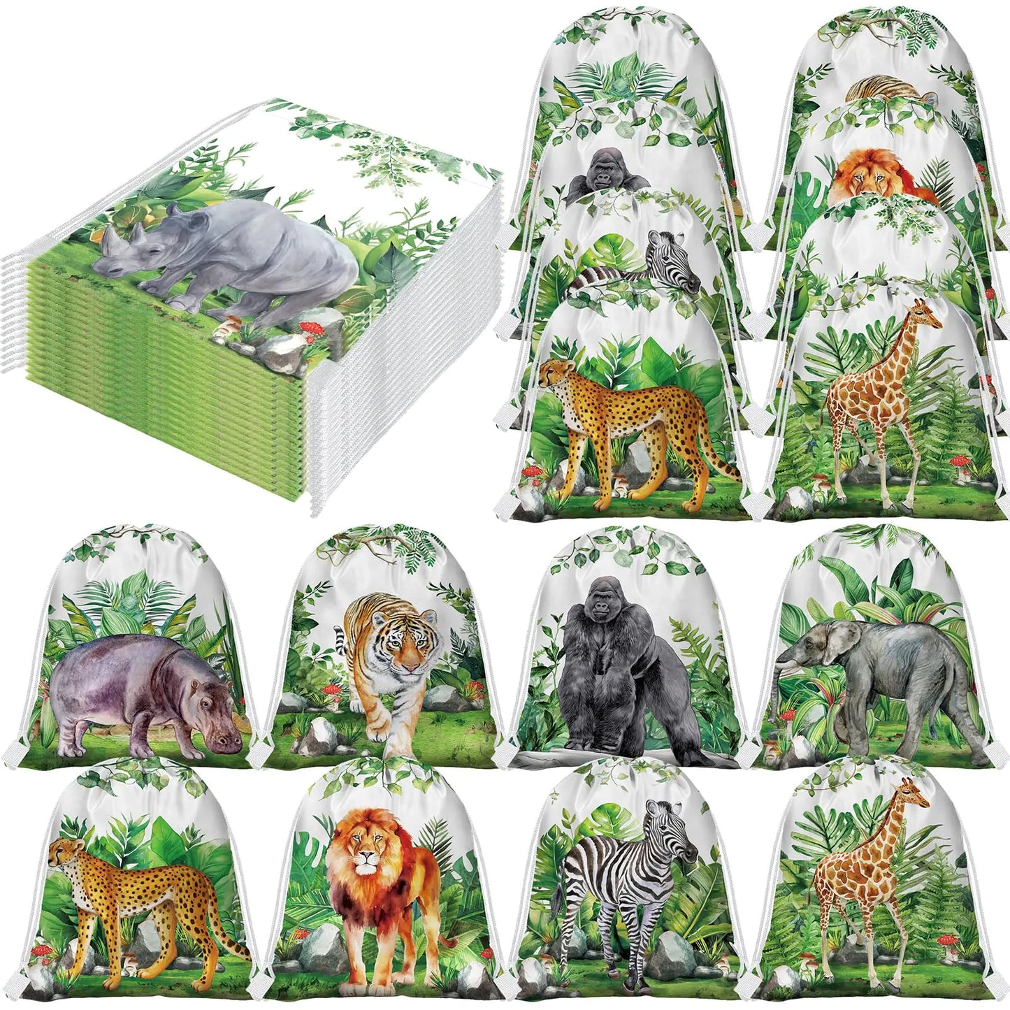Ferraycle 24 Pcs Safari Drawstring Bags Safari Goodie Bags Party Favors Bags Party Treat Bags Jungle Animals Party Bags for Birthday Party Baby Shower 9.8 x 11.8 Inch