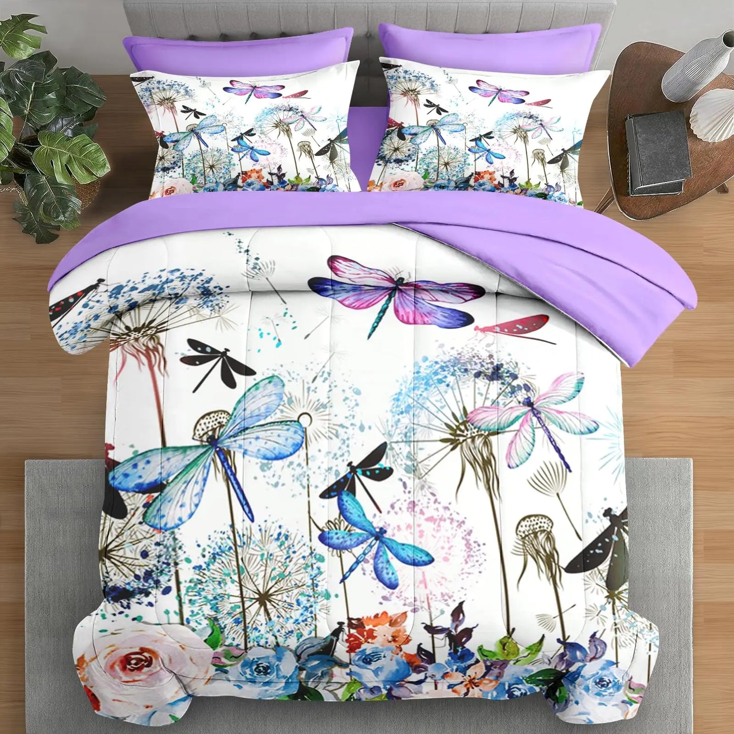 Pamnest Comforter Set King Size Dragonfly Flower 7 Pcs Bedding for Kids and Adults Purple Rose Hydrangea Bed Sheet Sets with Fitted Sheet 2 Pillowcases & 2 Shams for Bedroom Bed Decor