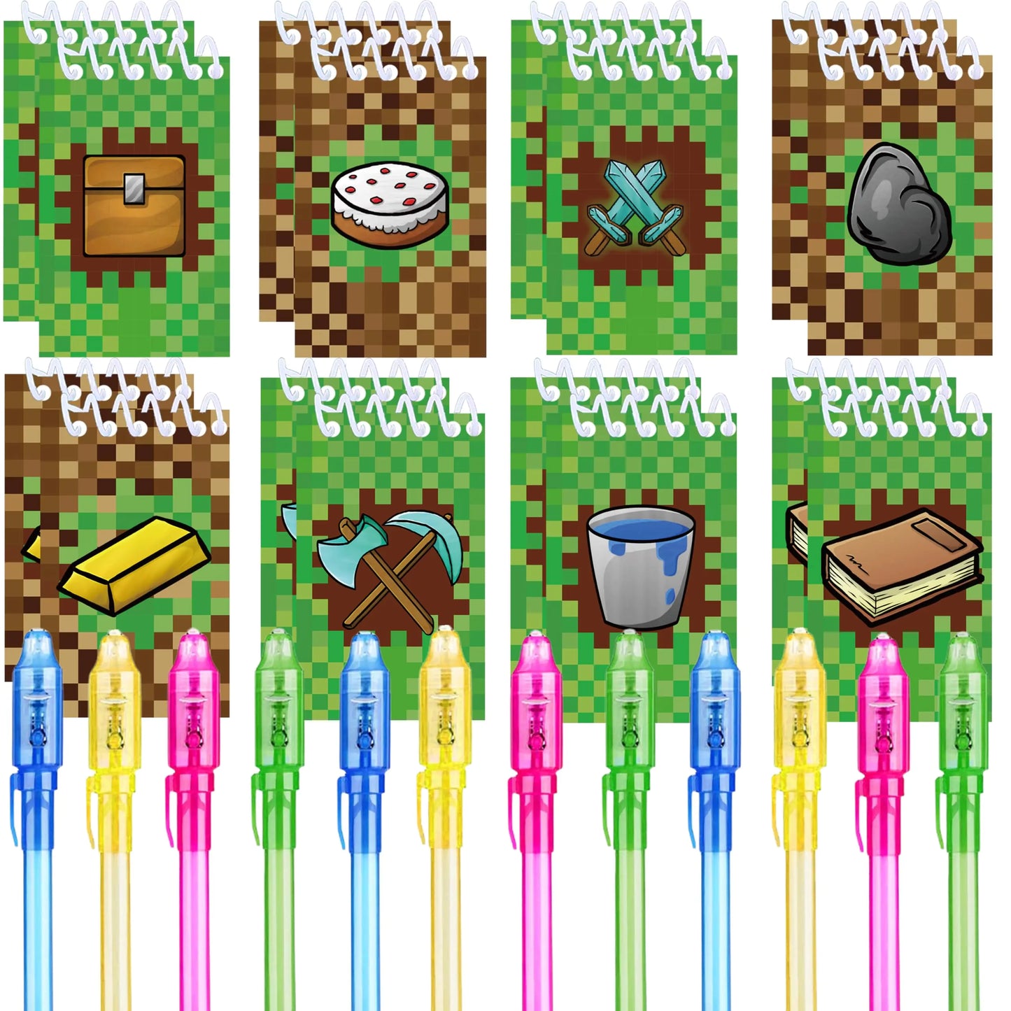 Jiaoohoo 24 Pcs Pixel Theme party favors |12 invisible ink pen and 12 party mini Pixel Theme Notepads| Pixel Theme party Goodie Bag Stuffers Classroom Prizes party supplies