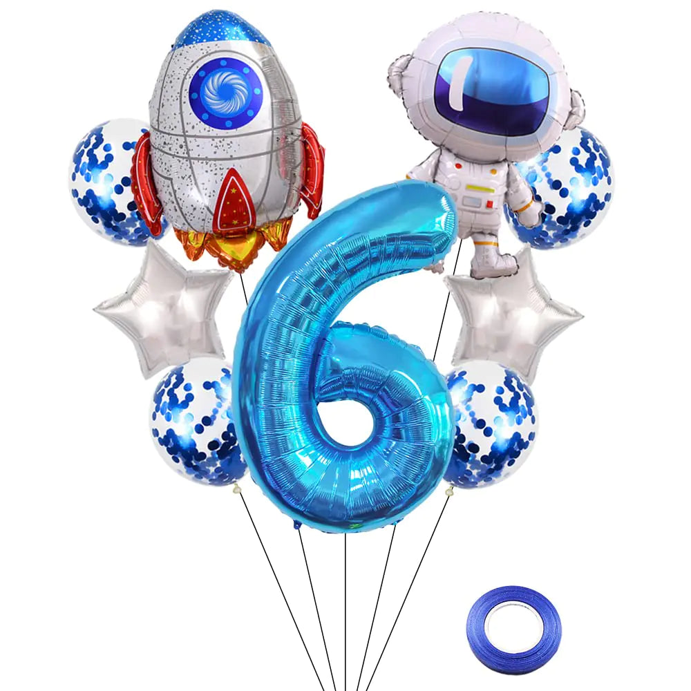 Kawailay Astronaut Rocket 6th Birthday Party Balloons Jumbo Spaceman Birthday Balloons Outer Space Theme Foil Balloons 32 Inch Blue Number 6 Helium Balloon for Birthday Party