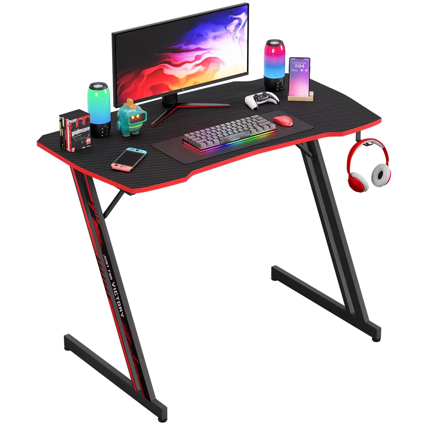 PayLessHere 39 Inch Z-Shaped Gaming Desk Computer Desk for Home Office with Headphone Hook Sturdy Workstation Table with Spacious DesktopRed