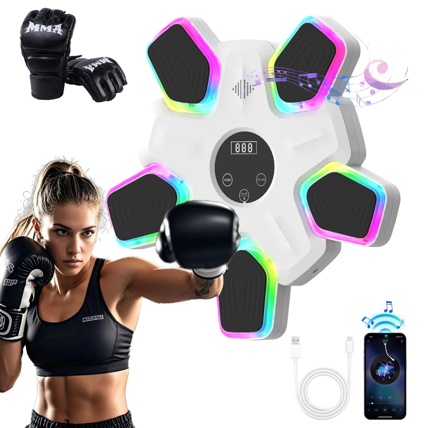 UTFFEDY Music Boxing Machine New Upgrade Intelligent Musical Punching Workout Equipment Trainer with 7 LED Color Boxing Gloves Smart Bluetooth Agile Digital System and Wall-Mounted Boxing Targets