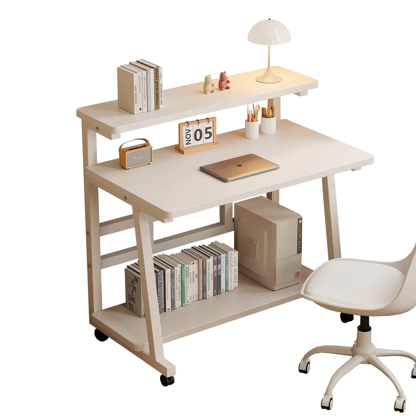 HDOFM 31.5 Inch Small Computer Desk for Small Space Rolling Office Desk with Monitor Stand Student Study Writing Desk for Bedroom