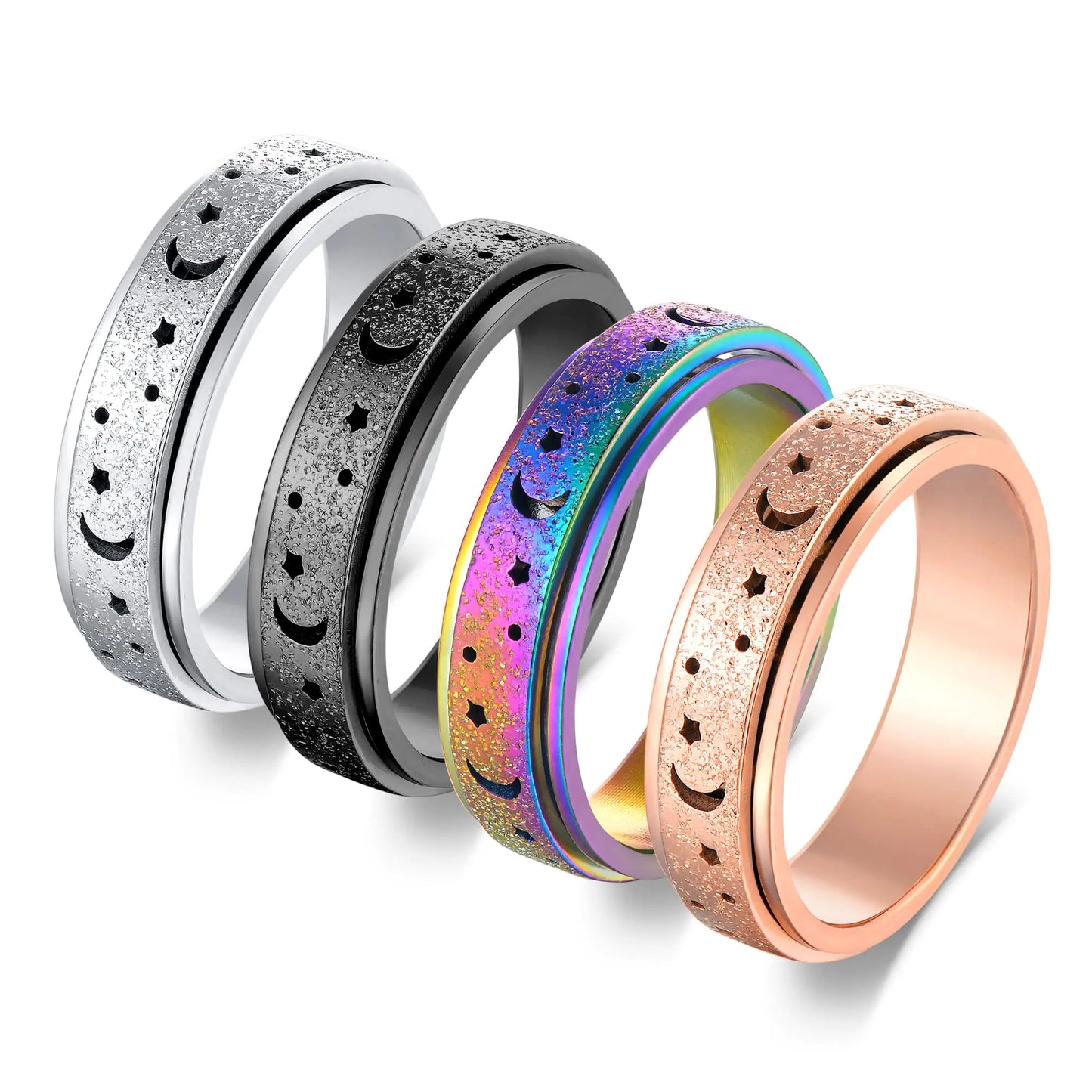 Feasnow Anti Anxiety Fidget Rings for Women Stress Relief Spinner Rings Moon Star Titanium Steel Rings 6mm Set 4Pcs Size 5-11 (5 6mm Moon Star Spinner Rings 4pcs)