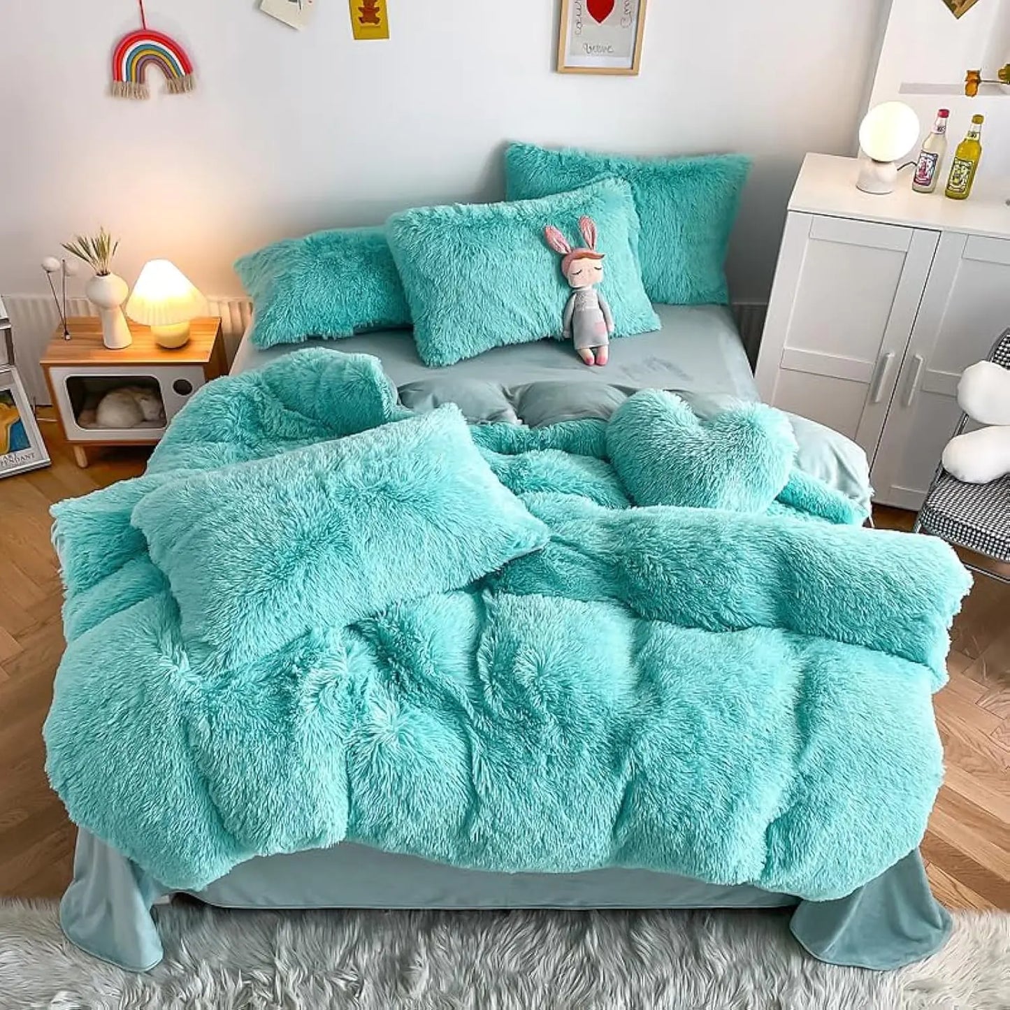 chovy Faux Fur Plush Sky Blue Comforter Sets Queen - Ultra Soft Shaggy Flannel Velvet Fluffy Fuzzy 3PC Bedding Set (Comforter x 1 Pillowcases x 2)
