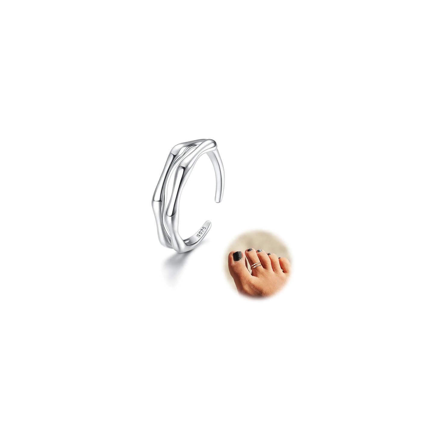 ORAZIO Toe Rings for Women925 Sterling Silver Toe Rings Adjustable Toe Rings - CZ Flower Cross Twist Knot Opal Toe Ring Cuff - Open Womens Toe Rings Stylish Beach Band Ring Nail Rings Foot Jewelry for Summer-1PCS Bamboo Joints