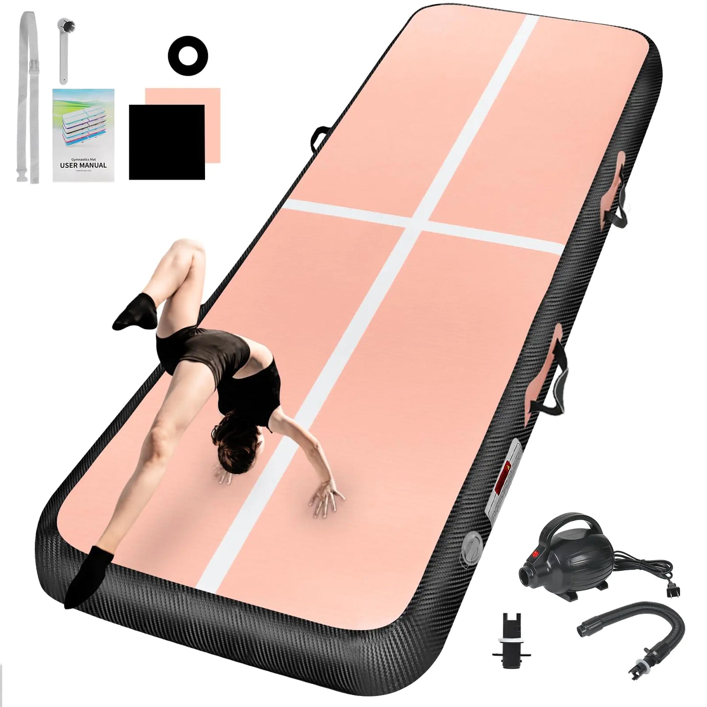 Inflatable Gymnastics Mat 10ft/13ft/16ft/20ft/ Air Tumbling Track Mats 4/8 inches Thick for Home Use/Training/Cheerleading/Yoga/Water with Pump 16.6ft x 3.3ft x 4inch Macaron Pink+Purple