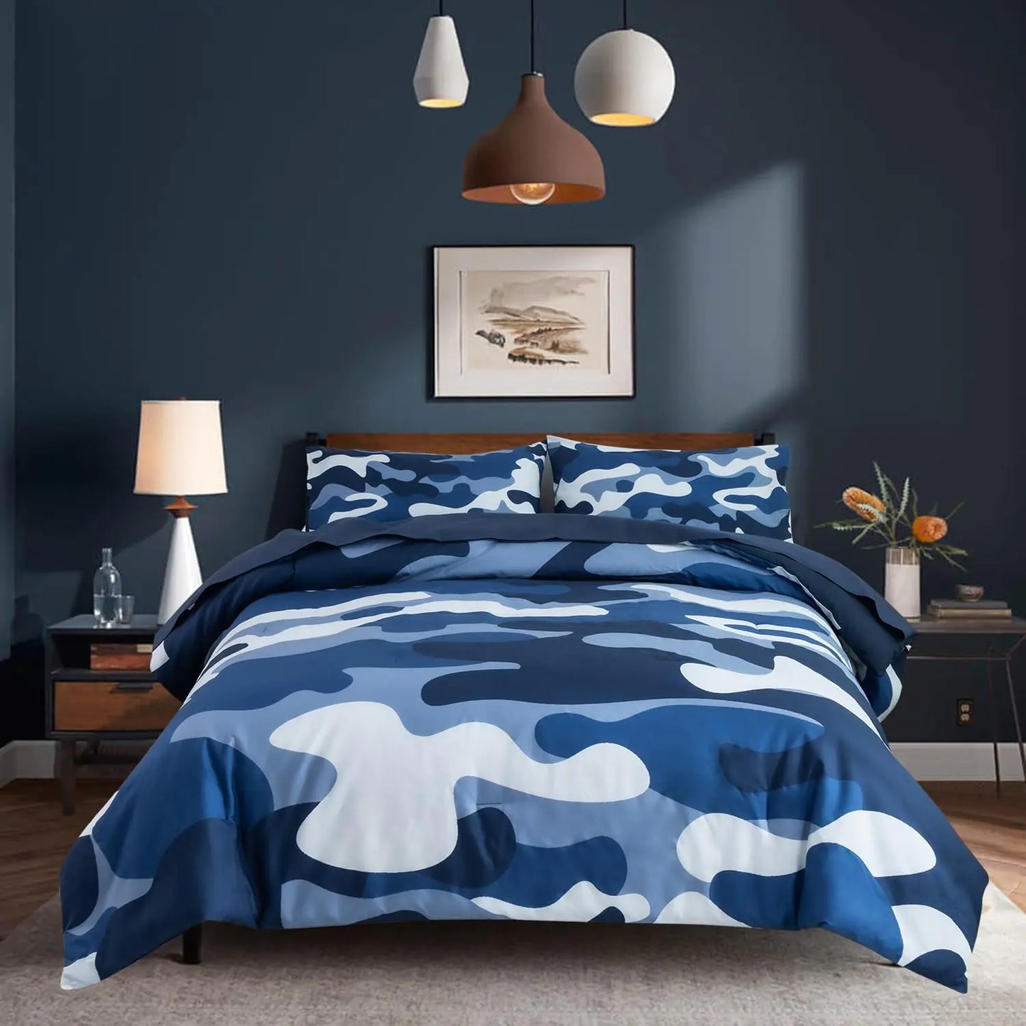 Holawakaka Full Size Camouflage Bedding Comforter Set with SheetsBoys Girls Men Camo Bed in A Bag 5 PiecesKids Teens Dorm Bed Sets Neutral Farmhouse Lodge Cabin Army Bedspread (Blue Full)
