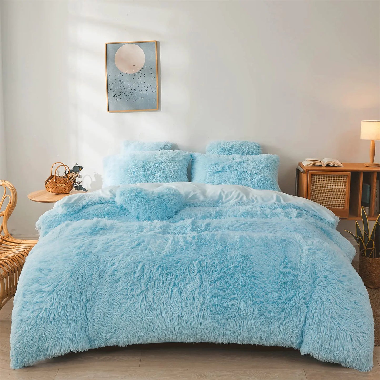 FOPPA Blue Fluffy Comforter Cover Set King- Ultra Soft Fluffy Blue Bedding Sets 3 Pieces (1 Duvet Cover + 2 Pillow case) Pink Fluffy Bed Set (Blue King)