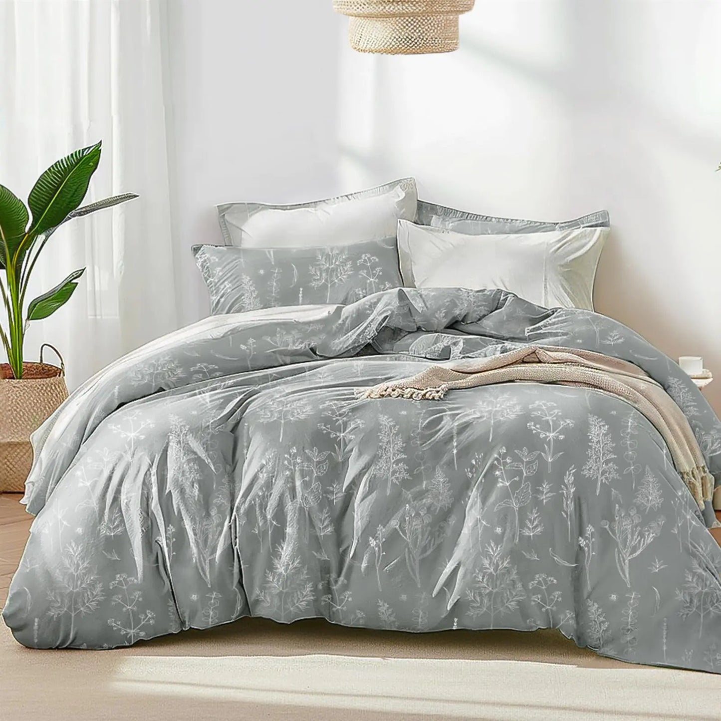 Loves cabin Grey King Comforter Set - King Size Comforter Set 3 Pieces Cute Floral Bedding Sets for All Seasons1 Soft Reversible Botanical Flowers Comforter and 2 Pillow Shams