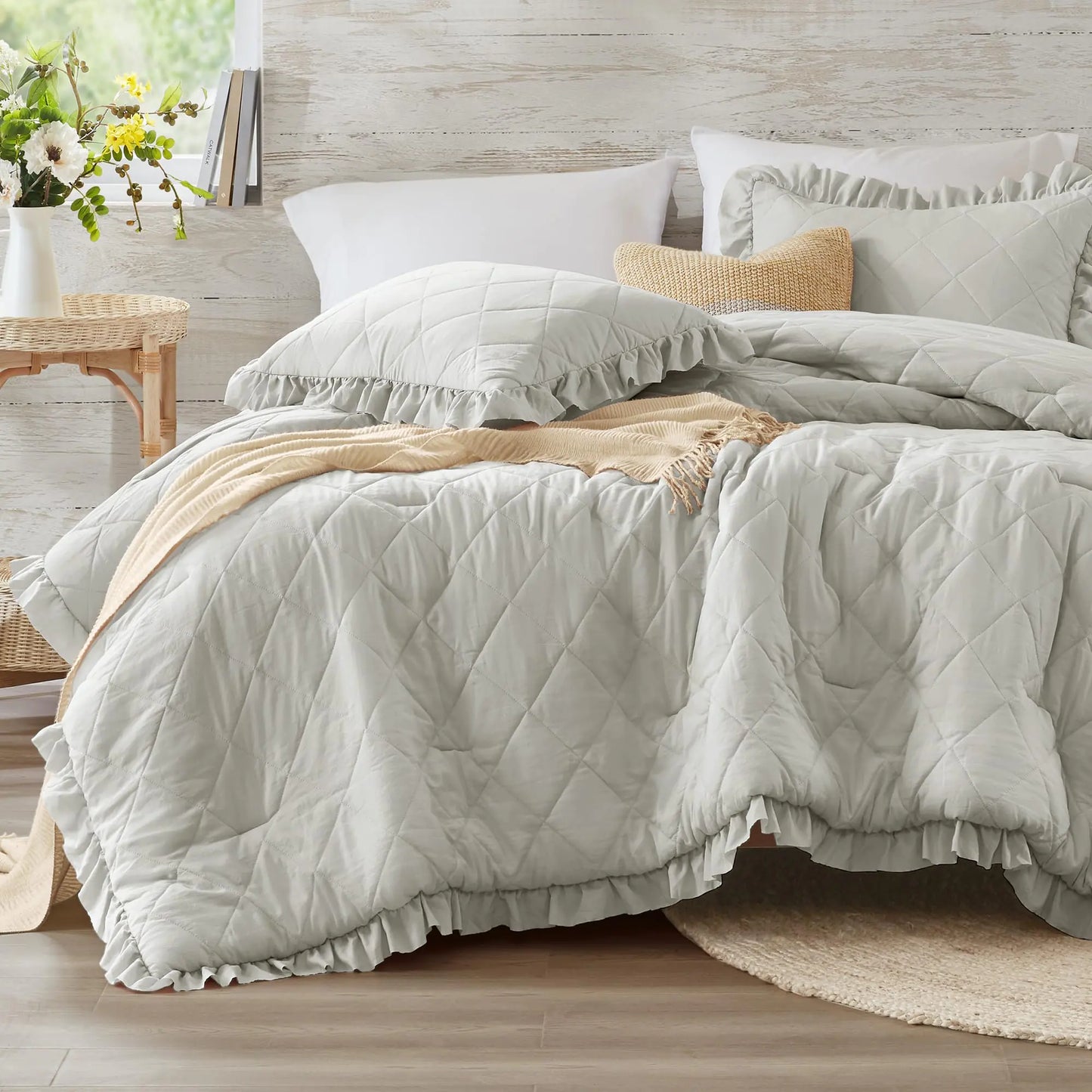 Gray Ruffle Bedding Set Shabby Chic Farmhouse Queen Size Comforter Boho Fluffy Cozy Washed Microfiber Full Bed Sets 3 Piece with Ruffled Pillow Shams