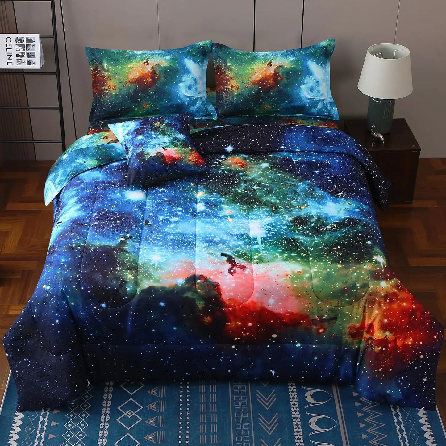 JQinHome Full Galaxy Comforter Sets 6 Piece Bed in A Bag Outer Space Themed Bedding for Children Boy Girl Teen Kids1 Comforter 1 Flat Sheet 1 Fitted Sheet 2 Pillowshams 1 Cushion Cover(Blue)