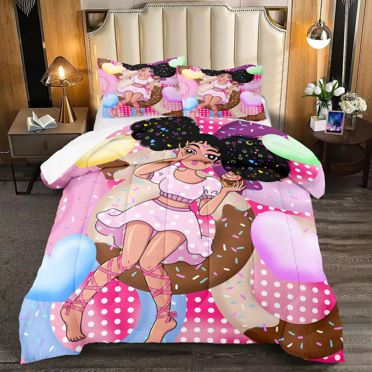 FJKJHKGJ Black Girl Comforter Set - Queen Comforter Set for Girls Bedroom Decor African American Black Girl Bedding Sets 3 Piece Pink Queen Quilt Set 1 Comforter + 2 Pillowcases