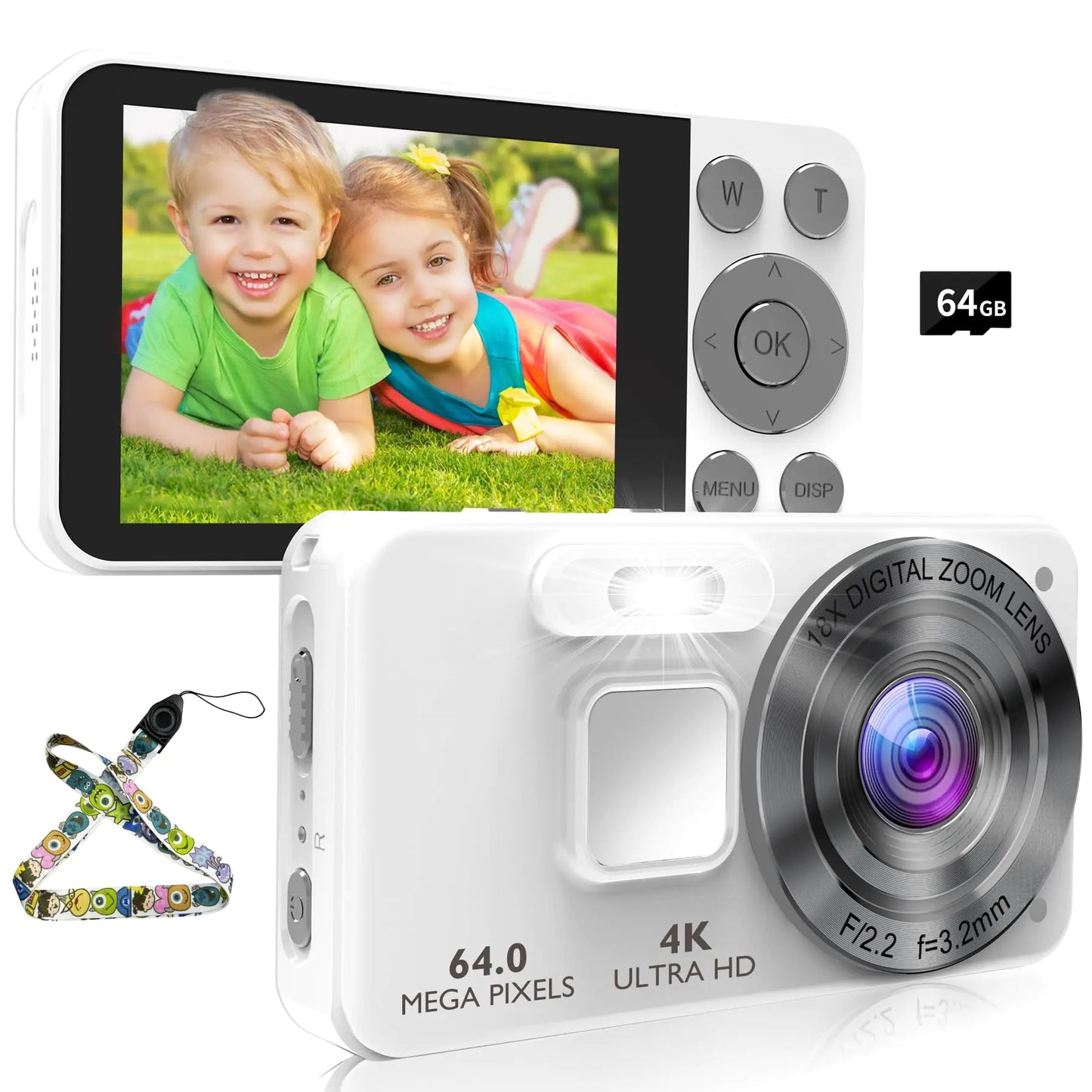 Digital Camera Kids UHD 4K: 64GB Point and Shoot Cameras with 64MP 18X Zoom - Compact Vintage Camera for Boys Girls Teens Beginners Portable Pocket Vlogging Photography Cameras White