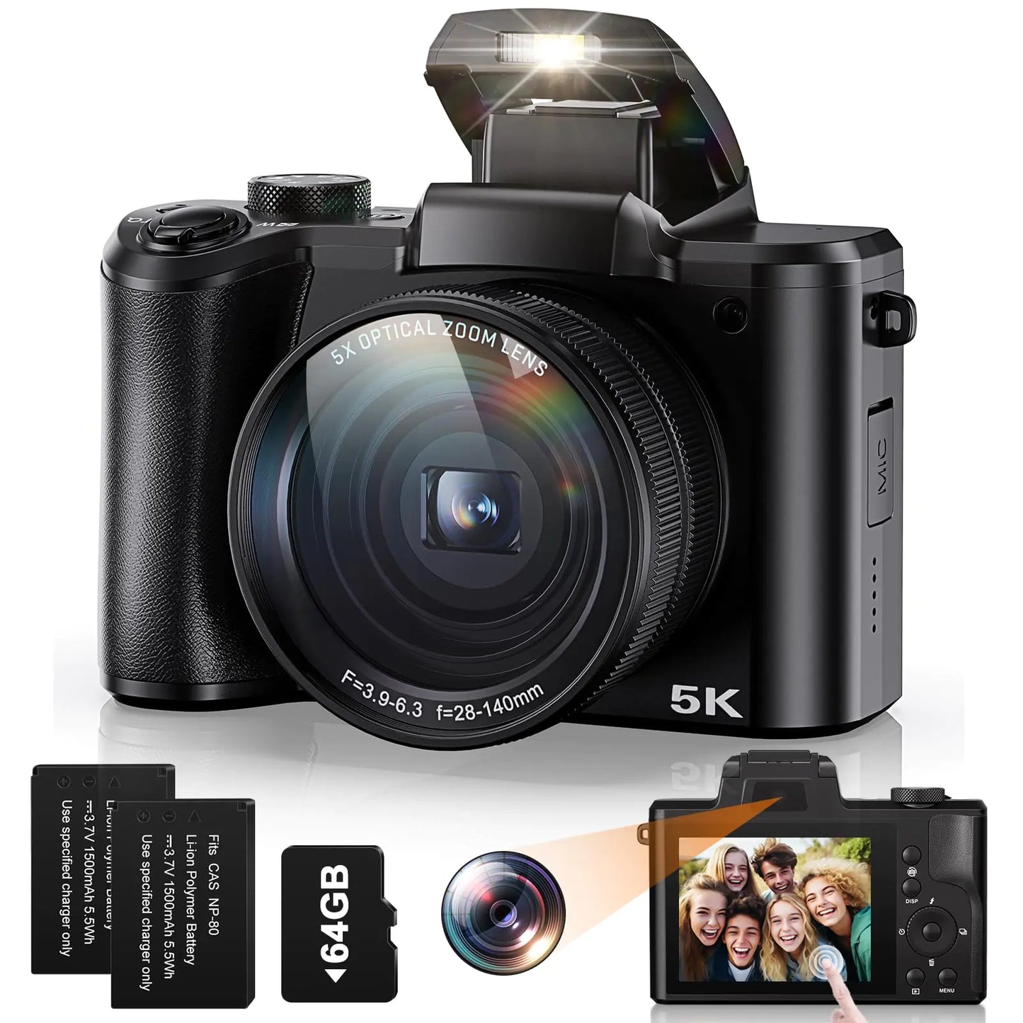 5K Digital Camera 5X Optical Zoom Cameras for Photography 64MP Front and Rear Dual Cameras Vlogging Camera for YouTube Video with 3.2" IPS Touchscreen 6-Axis Stabilization 64G TF Card 2 Batteries