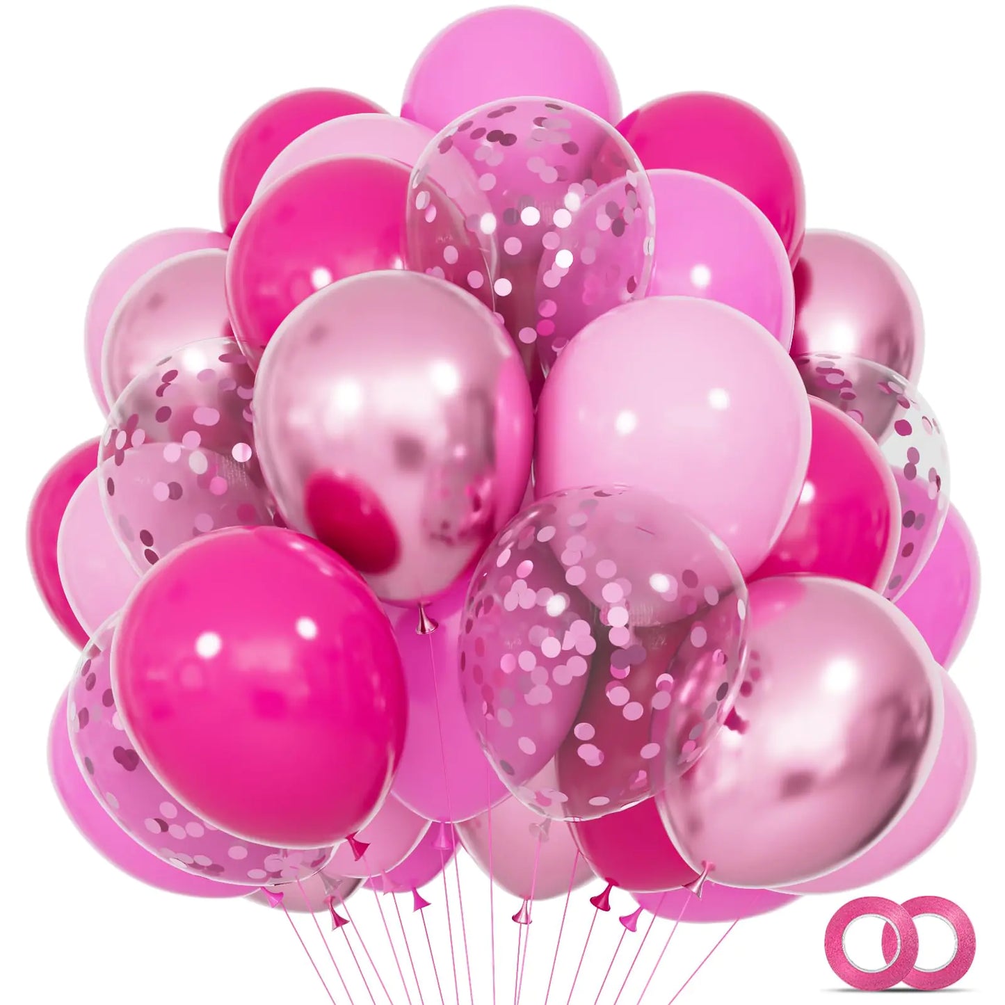 68Pcs Pink Balloons Kit 12 Inch Metallic Pink Balloons Hot Pink Balloon Pink Confetti Balloon and Baby Pink Party Balloons with Ribbons for Birthday Wedding Baby Shower Graduation Decorations.
