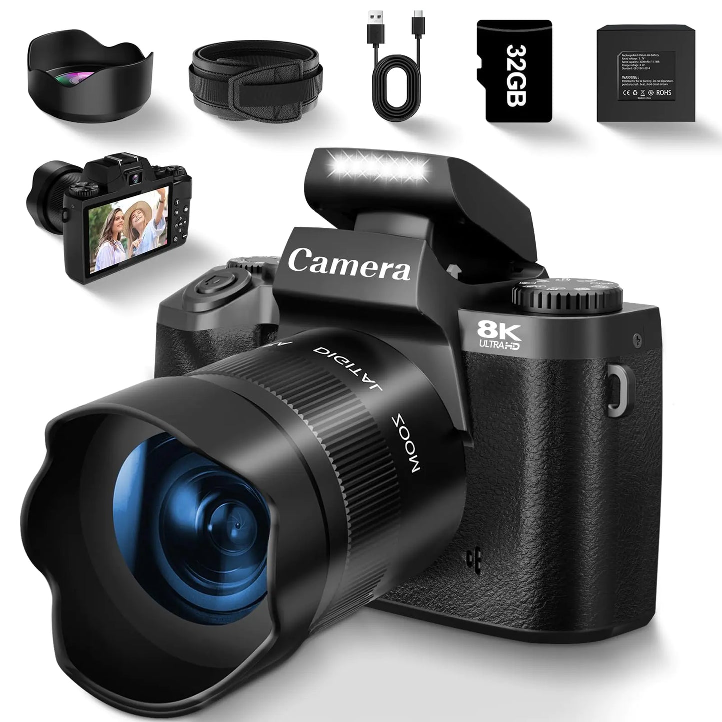 8K Digital Camera for Photography Vlogging Camera for Youtube with Autofocus WiFi Touchscreen 16X Digital Zoom Video Camera with 3000mAh Battery Dual-lens Lens Hood 32GB TF Card and FlashBlack