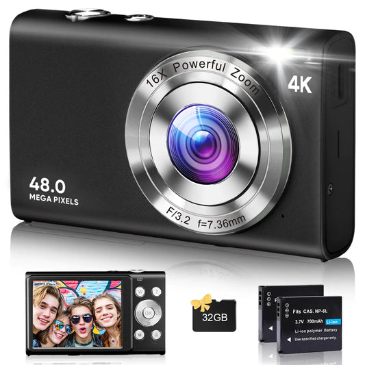 Digital Camera 4K Autofocus Cameras for Photography 48MP Anti-Shake Vlogging Camera for YouTube 16X Digital Zoom Compact Point and Shoot Cameras with 32GB Card Camera for Teens Adult Beginner-Black
