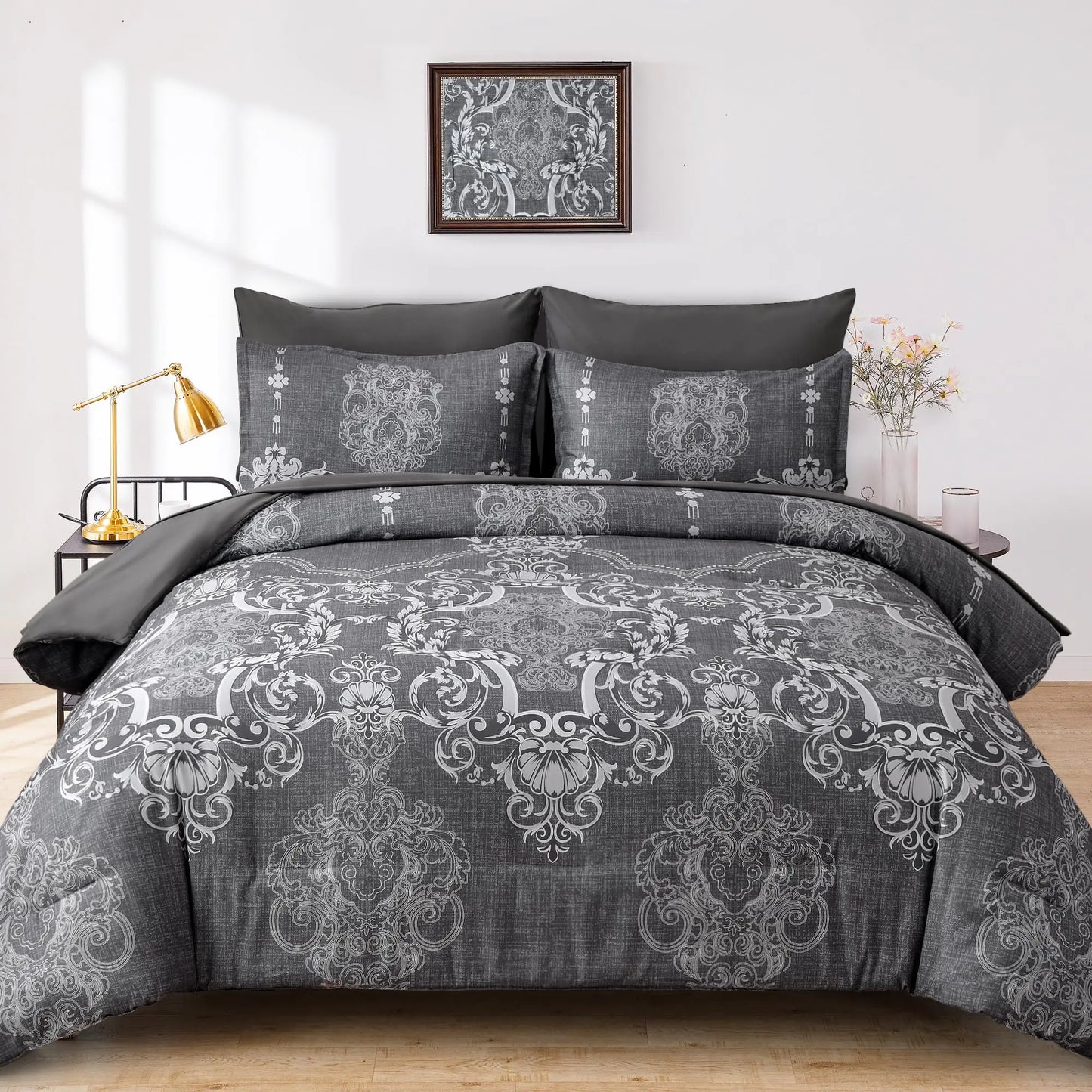 Mybedsoul 7 Pieces Grey Comforter Set Queen Size Damask Bed in a Bag for Queen Bed Lightweight Microfiber Boho Bedding Sets with Comforter Sheet Pillowcases & Shams for All Season (90"x90")