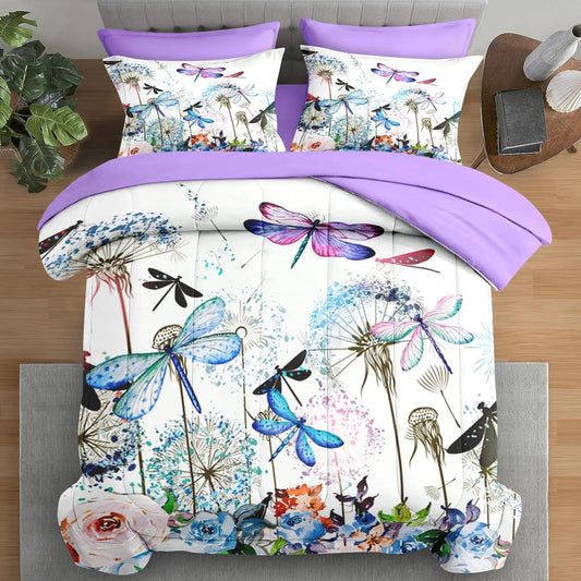 Pamnest Comforter Set King Size Dragonfly Flower 7 Pcs Bedding for Kids and Adults Purple Rose Hydrangea Bed Sheet Sets with Fitted Sheet 2 Pillowcases & 2 Shams for Bedroom Bed Decor