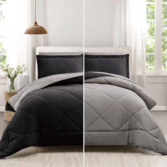 Furnishh Queen Comforter Set 7 Pieces Bed in a Bag Full/Queen Reversible Bed Set with Comforter Flat Sheet Fitted Sheet Pillowcases & Shams Black and Grey Bedding Sets for Queen Size Bed