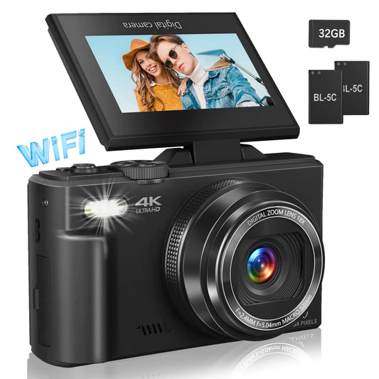 Digital Camera for Photography 4K Vlogging Camera for YouTube 3" 180° Flip Screen 18X Digital Zoom Compact Retro Camera with 32GB TF Card & 2 Batteries Black