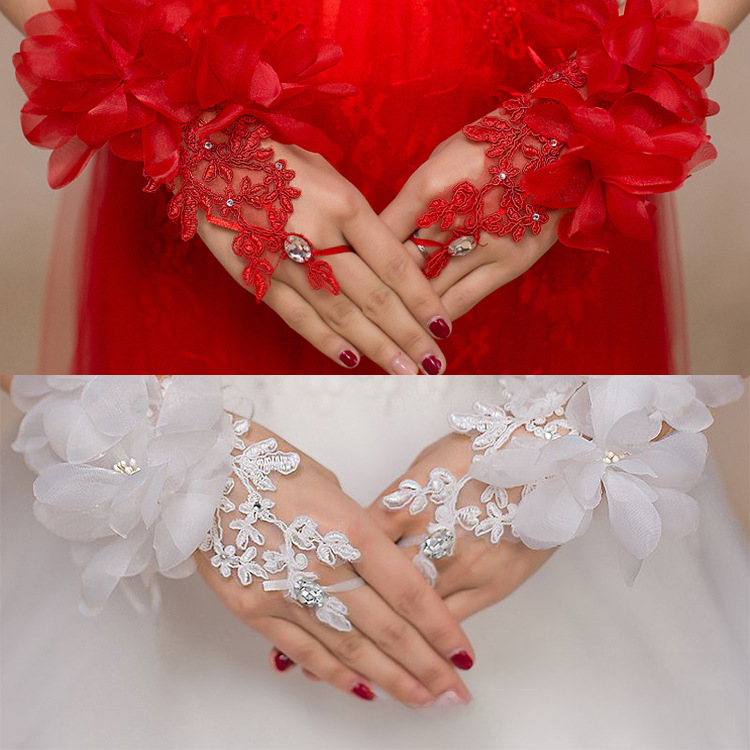 Bride Wedding Dress Gloves with Red Flowers & Lace