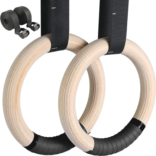 LIFERUN Gymnastics Rings Olympic Rings Wooden 1100lbs with Adjustable Metal Buckle 16.7ft Long Straps Pull Up Rings Workout Rings for Home Gym(Black)