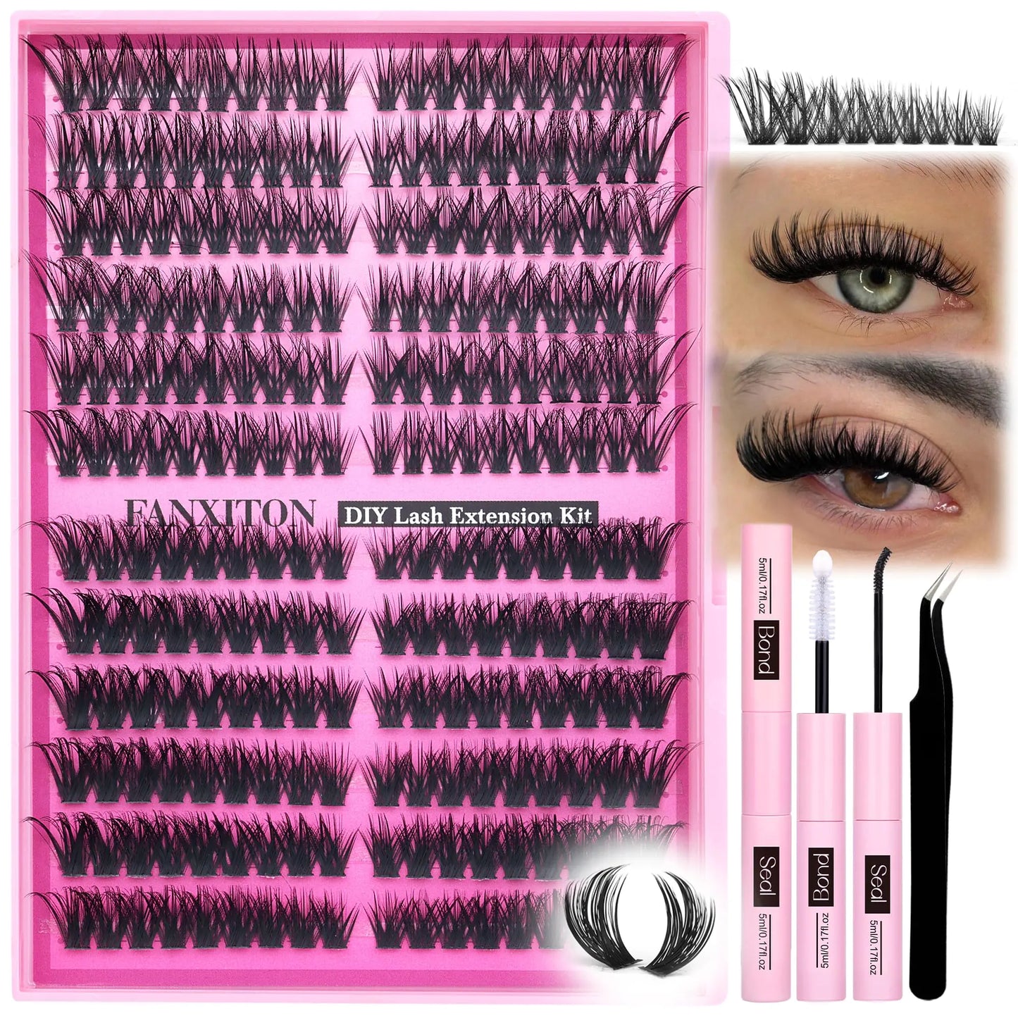 FANXITON Lash Clusters Kit Volume Lash Clusters Cat Eye Lashes Lash Clusters D Curl Eyelash Curlers Thick Individual 60D+80D Lashes Clusters Bond and Seal Lash Extension Kit Lash Tweezers