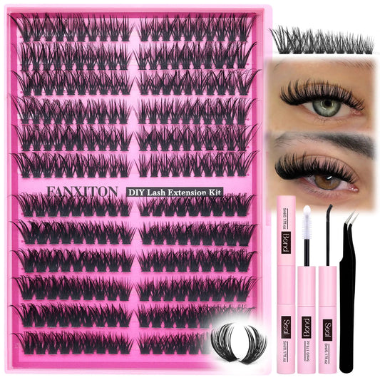 FANXITON Lash Clusters Kit Volume Lash Clusters Cat Eye Lashes Lash Clusters D Curl Eyelash Curlers Thick Individual 60D+80D Lashes Clusters Bond and Seal Lash Extension Kit Lash Tweezers