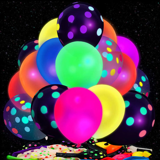 LovesTown 66PCS Glow Balloons Assorted UV Neon Party Latex Balloons 12" Fluorescent Balloons Glow in the Dark Balloons with Dots for Birthday Wedding Glow Party Supplies