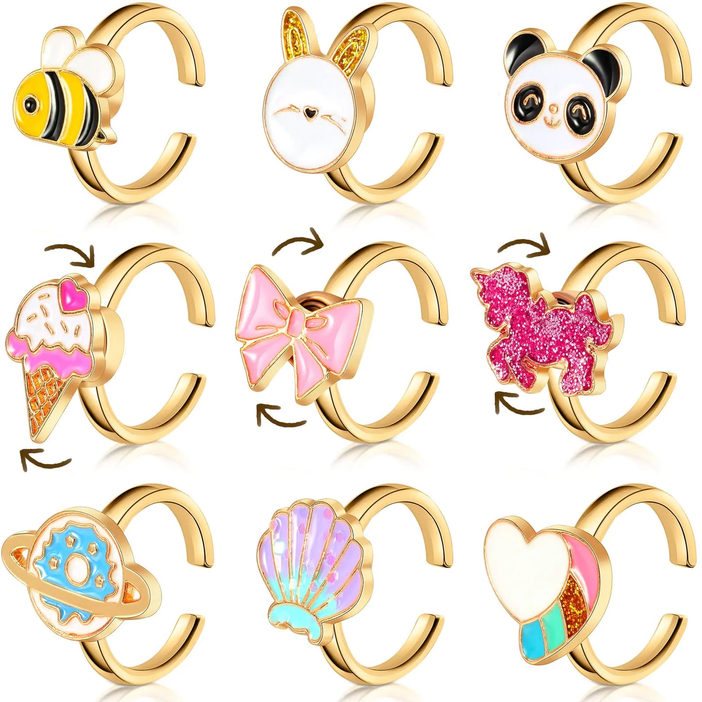 9 Pieces Fidget Anxiety Rings Rotatable Open Ring Set Cute Spinner Rings for Anxiety Stackable Rotating Rings Calming Worry Adjustable Rings for Women Ladies Mood Relieve Stress (Cartoon Style)