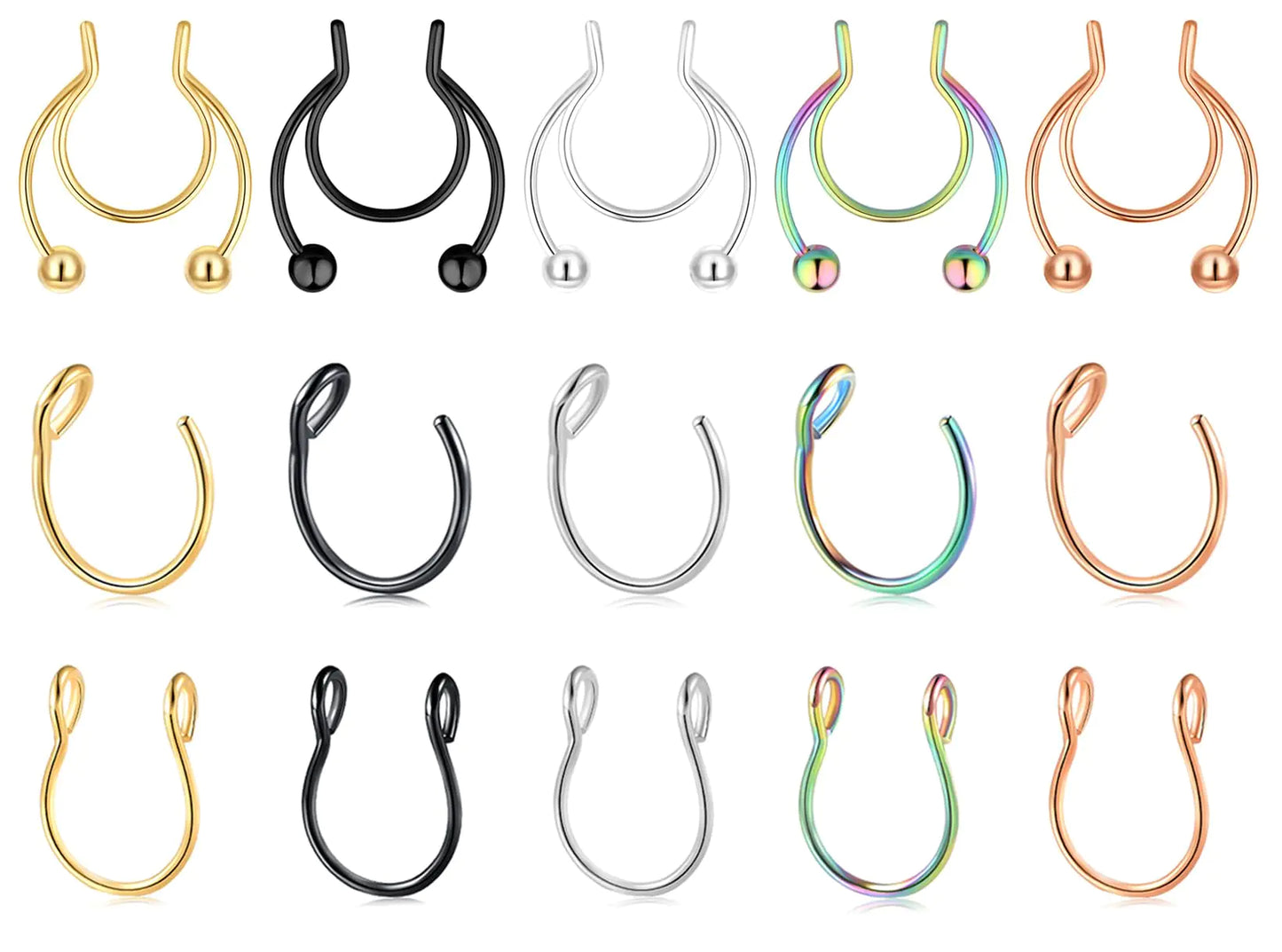 Fzroezz 15Pcs 20 Gauge Nose Rings Fake Nose Ring Fake Septum Nose Rings Nose Rings Hoops Nose Jewelry Fake Septum Piercing Nose Rings for Women Men Lip Rings Faux Nose Rings