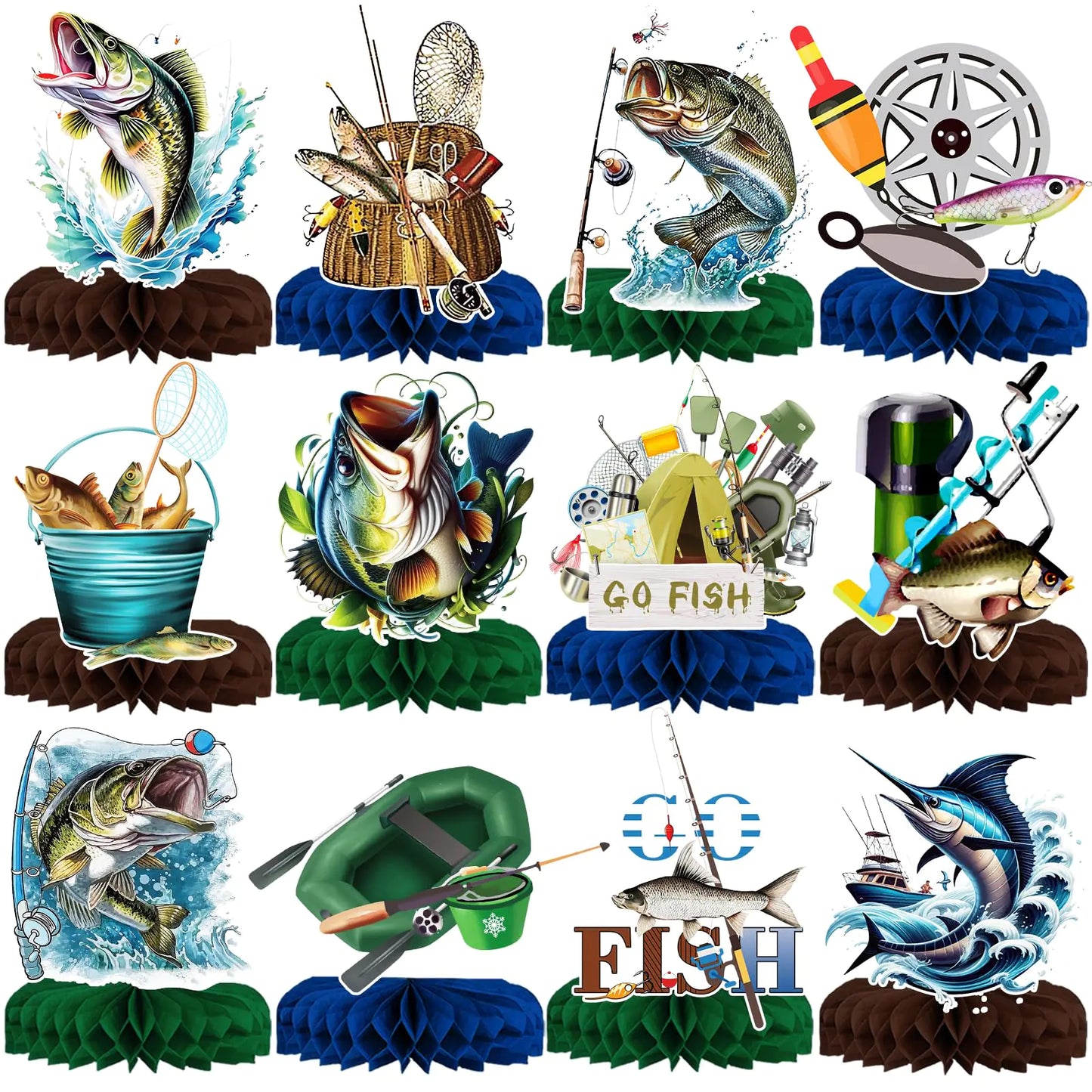12Pcs Fishing Honeycomb Table Centerpieces Fishing Party Decorations Fishing Birthday Party Decorations Gone Fishing Party Decorations Fishing Decorations for Party Holiday Retirement Baby Shower