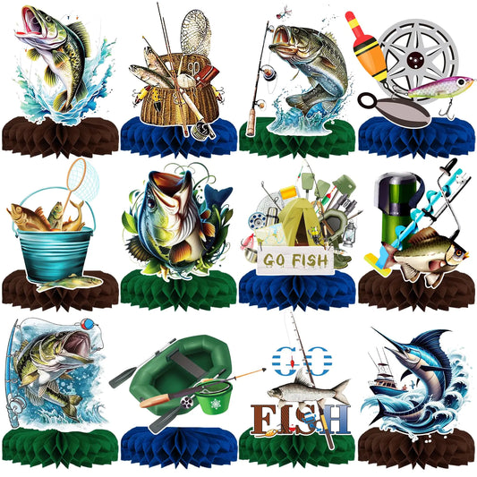 12Pcs Fishing Honeycomb Table Centerpieces Fishing Party Decorations Fishing Birthday Party Decorations Gone Fishing Party Decorations Fishing Decorations for Party Holiday Retirement Baby Shower