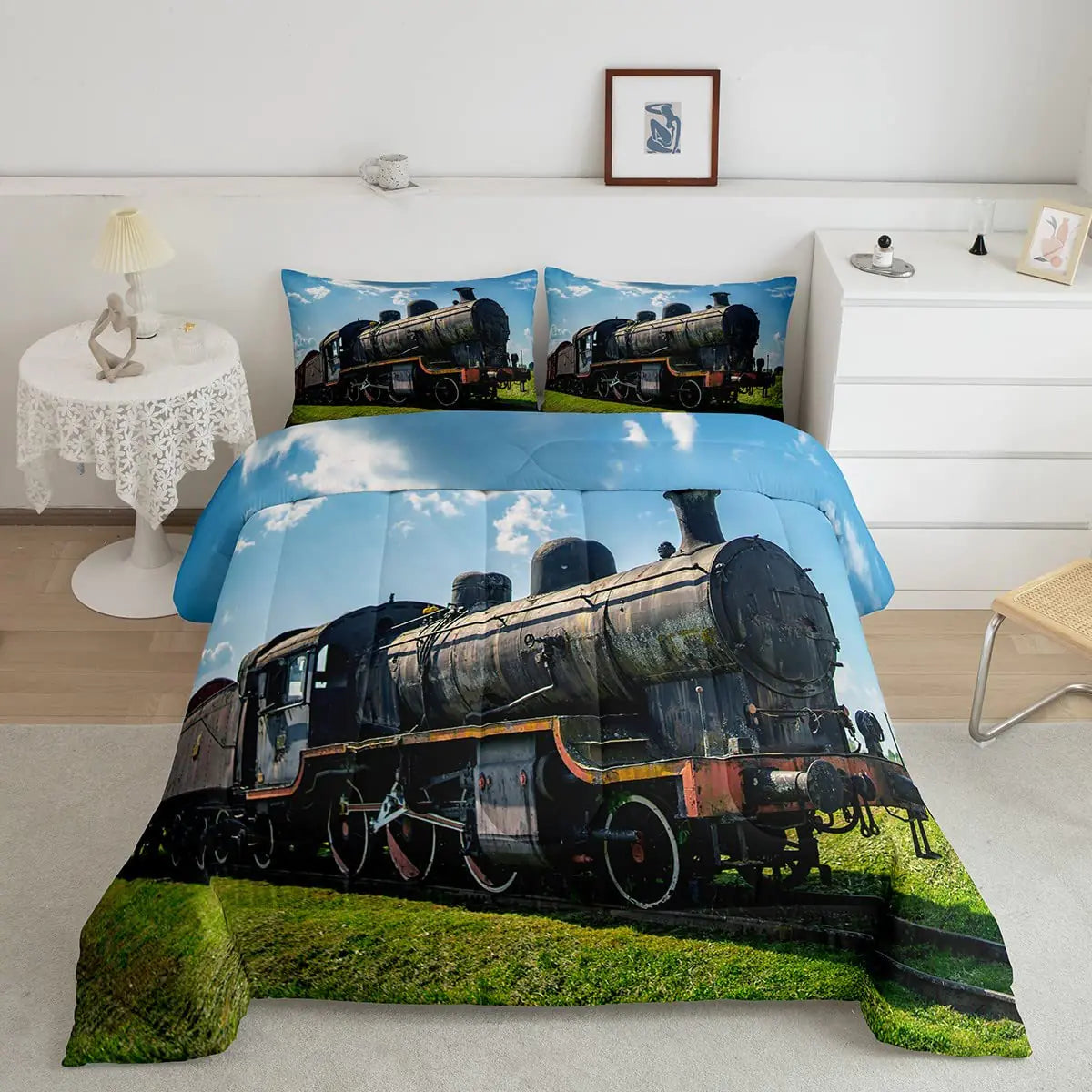 Erosebridal Train Comforter Sets Full Size Retro Steam Engine Bedding Set for Kids Boys TeensRailway Track Transport Duvet SetsGreen Grass Blue Sky Down Comforter with 2 Pillow Cases