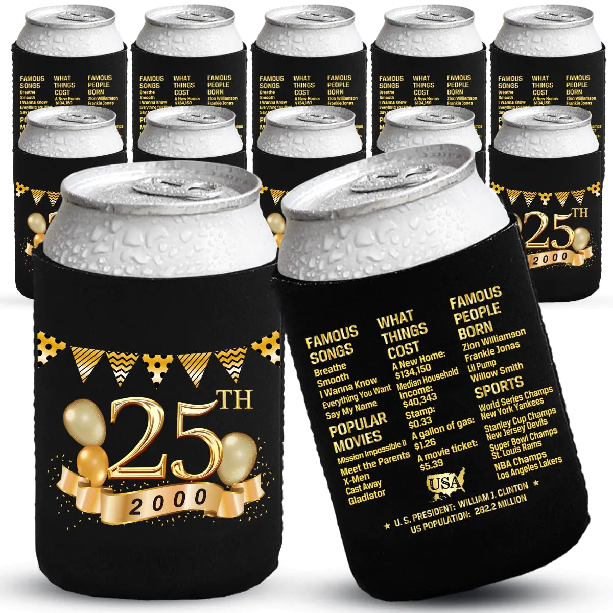 25th Birthday Decorations for Men Women 25th Party Decorations 25th Birthday Party Supplies 25th birthday party favors 25th Birthday Party Beverage Can Cooler Sleeves 12-Pack Black & Gold