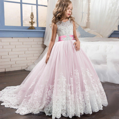 Girls' Color Matching Wedding Dress with Puffy Skirt
