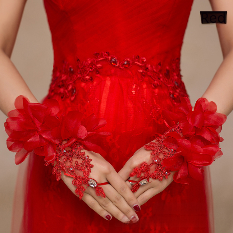 Bride Wedding Dress Gloves with Red Flowers & Lace