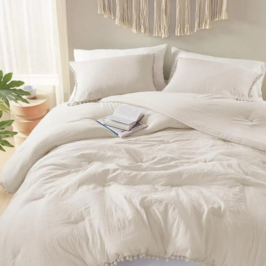 Codi Beige Twin Comforter Set for Girls - Boho Aesthetic Pom Fringe Design Cute Bedding Soft Washed Microfiber Taupe Bed Sets Lightweight Chic1 Comforter & 1 Pillowcase (68x90 Inches)