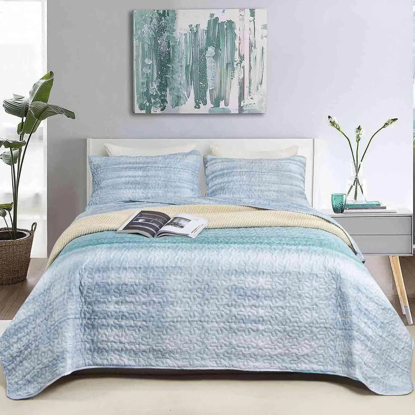 Nanko Quilt Set King Size 3 pcs Grey and Teal Blue Striped Abstract Pattern Bedspreads Soft Lightweight Coverlet Bed Spreads Modern Thin Quilted Comforter Bedding Sets for Women Men Gray 104x90