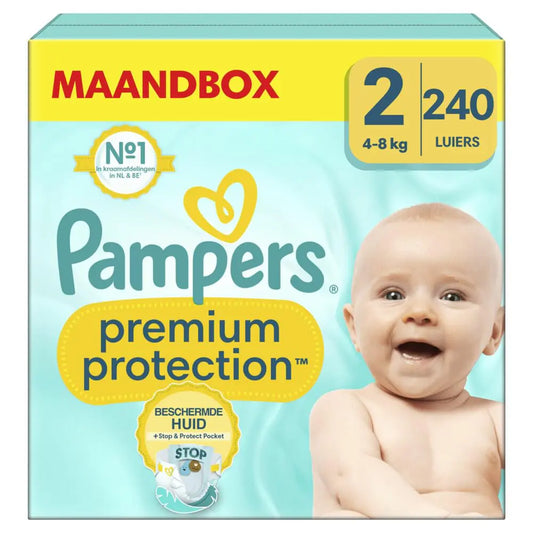 Pampers Premium Protection Size 2 240 Nappies 4-8 kg Double Protection for Skin and Leaks with Stop & Protect Pocket to Help Capture Leaks Pack 1 Month