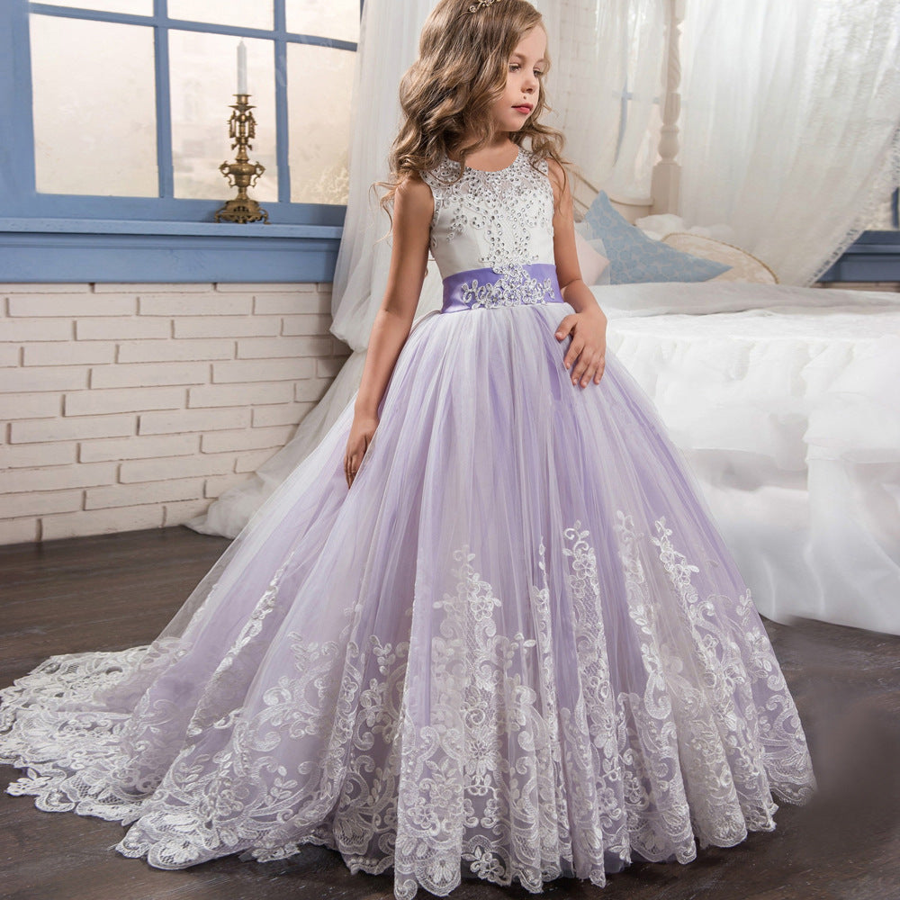 Girls' Color Matching Wedding Dress with Puffy Skirt