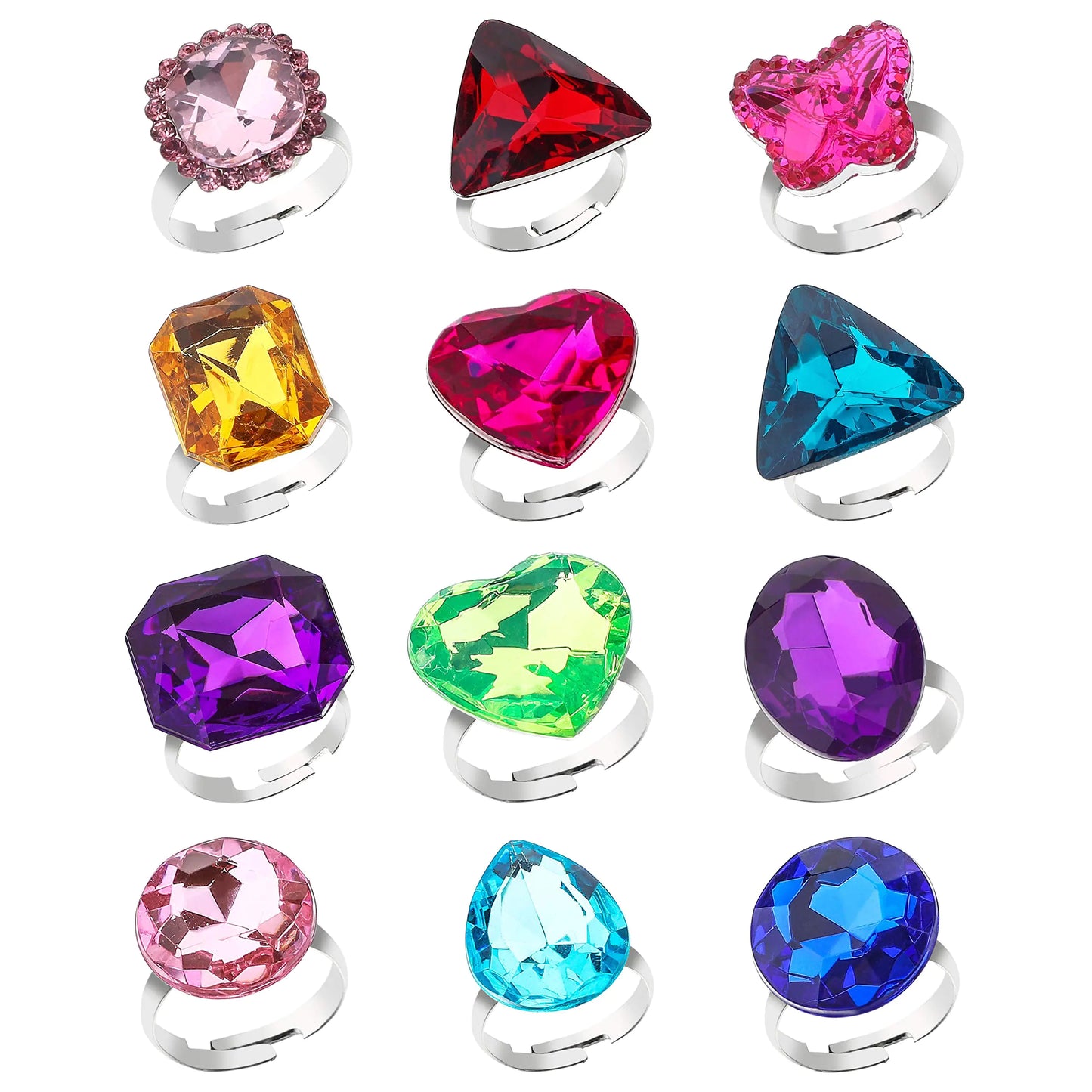 RICHNESS Adjustable Little Girl Jewel Rings Kids Gift Play Rings Multi Shapes Colorful Princess Pretend Jewel Rings Box Packed 12pcs …