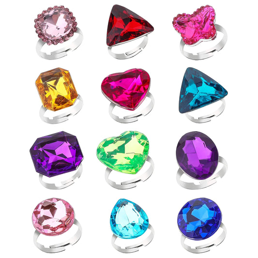 RICHNESS Adjustable Little Girl Jewel Rings Kids Gift Play Rings Multi Shapes Colorful Princess Pretend Jewel Rings Box Packed 12pcs …