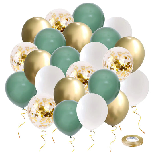 Green and Gold party Balloons 50pcs 12 Inch Retro Sage Green White Metallic Balloons with Gold Confetti Balloons for Wedding Birthday Baby Shower Bridal Shower Safari Birthday Party Decorations