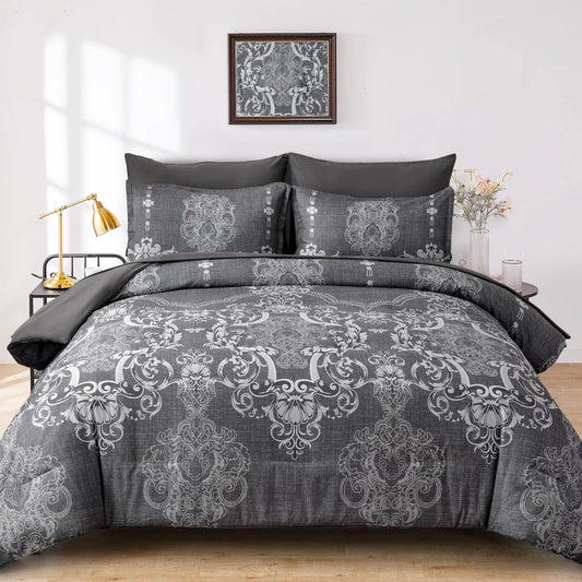 Mybedsoul 7 Pieces Grey Comforter Set Queen Size Damask Bed in a Bag for Queen Bed Lightweight Microfiber Boho Bedding Sets with Comforter Sheet Pillowcases & Shams for All Season (90"x90")