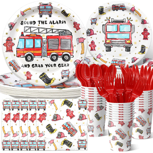 Firetruck Birthday Party Decorations Watercolor Fire truck Birthday Party FavorsFireman Party Supplies Firetruck Theme Birthday Party Tableware